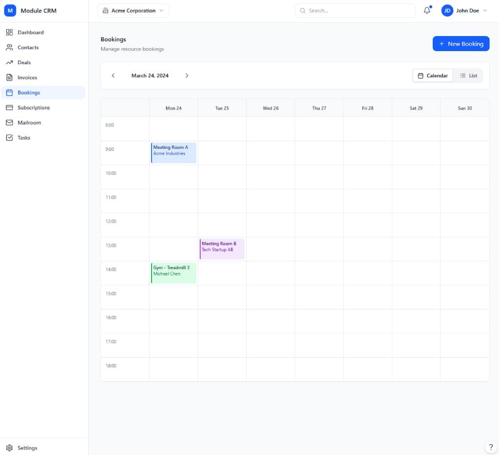ModulCRM bookings calendar for coworking resources
