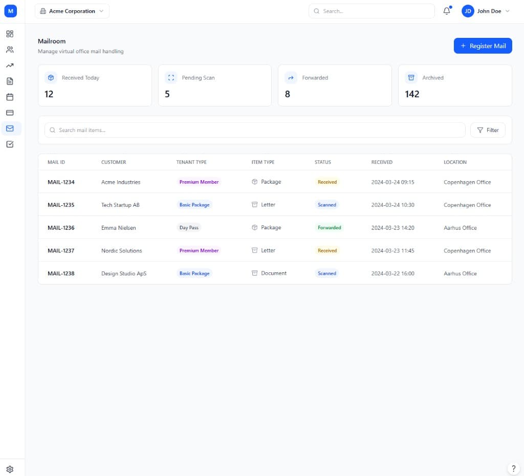 Coworking module interface preview in ModulCRM