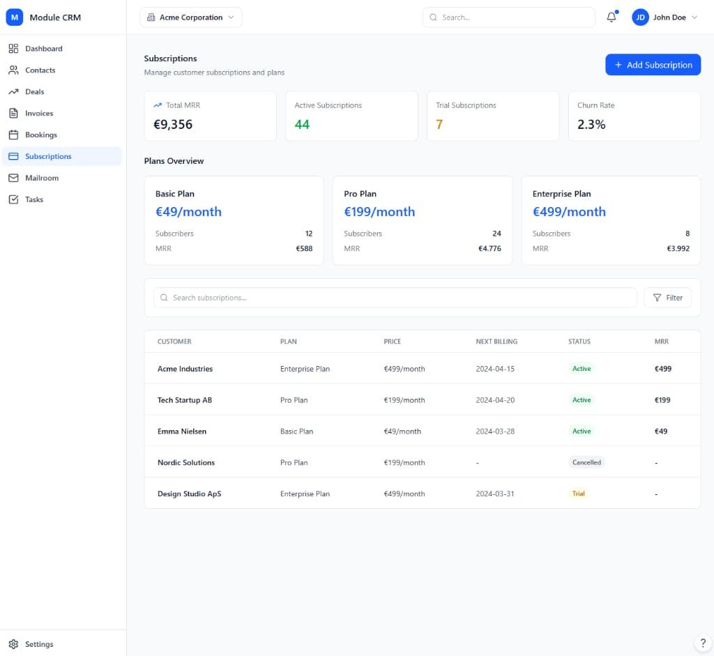 Subscriptions module interface preview in ModulCRM
