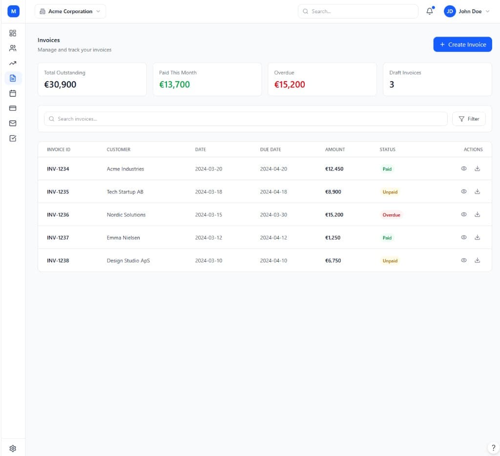 Invoice module interface preview in ModulCRM